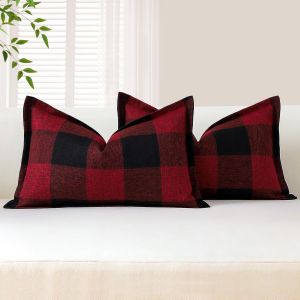 CAUC-Lot de 2 housses de coussin lombaire d&eacute;coratives &agrave; carreaux de buffle en lin avec bords cousus pour canap&eacute;, lit, salon, 30,5 x 50,8 cm (noir et rouge) - Neuf