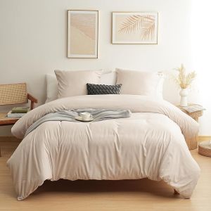 Parure De Lit 4 Pi&egrave;ces Housse De Couette 200x200cm + Drap Housse 140x190/200cm Avec 2 Taies D'oreillers 65x65cm Beige Pour 2 Personnes Parure 120 Fils/Cm&sup2; En Microfibre - Neuf