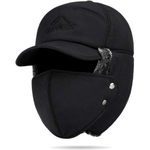 Jexnovashop-Homme Chapka Coton Hiver Chapeau De Trappeur Aviateur Épais Chaud Bonnet Russe Et Cache-Oreilles 2 En 1 Casquette Fausse Fourrure Avec Cache-Visage Détachable Bonnet Cagoule D'alpinisme S - Neuf