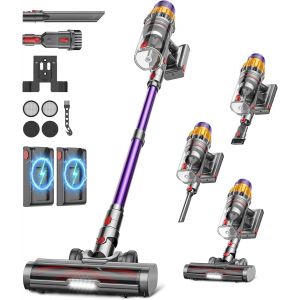 Aspirateur Balai Sans Fil Avec 2 Batteries, 150Min/55Kpa/600W/2.0L Aspirateur Sans Fil Puissant, Brosse Anti-Enchevêtrement/Support Mural Rechargeable/Écran Led, Pour Poils D'Animaux/Tapis/Sols Durs - Neuf