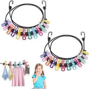KALANKA-Corde &agrave; Linge, 2 PCS Etendoir Linge de Voyage Portable, Fil &agrave; Linges Antid&eacute;rapante, R&eacute;tractable, avec 12 Clips et Boucles de Positionnement, pour Int&eacute;rieur, Ext&eacute;rieur, Camping Voyag - Neuf