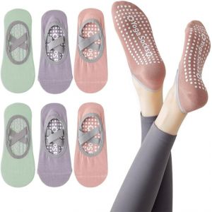 3 Paires Chaussettes Yoga Antid&eacute;rapantes, Chaussettes Pilates En Coton, Chaussettes Pilates Femme Chaussette Antid&eacute;rapante Femme, Taille Unique Chaussettes De Sol Anti-Slip Grips & Straps - Neuf