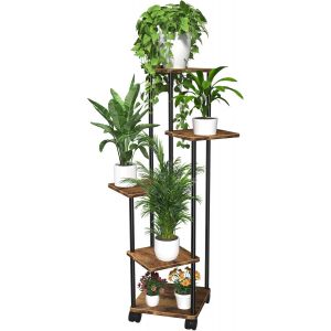 ASFASFq-tagère Plantes en Bois à 5 Niveaux, Support Plantes Interieur avec Roues Amovibles, Porte Plante Multicouche Étagère pour Plantes Adapté Balcon, Jardin, Intérieur et Extérieur - Neuf