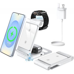 Chargeur Induction 3 En 1 Pour Samsung S25 Ultra S24 S23 Z Flip Z Fold 6 5 Pliable Chargeur Rapide Sans Fil Pour Galaxy Watch 7/6/5 Pro/4/3, Station De Charge Pour Galaxy Buds 2 Pro/3 Silvery White - Neuf
