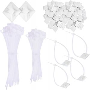 MEVRONISSHOP-Lot de 200 attaches de c&acirc;ble blanches adh&eacute;sives 120 mm/150 mm - Neuf