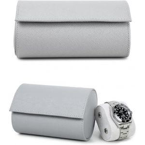 Kal-Étui De Rangement Pour Montre En Cuir Saffiano Boîte De Montre De Voyage En Cuir Pour 2 Montres Étui De Montre Portable Pour Homme Avec Coussins Amovibles (Gris) - Neuf