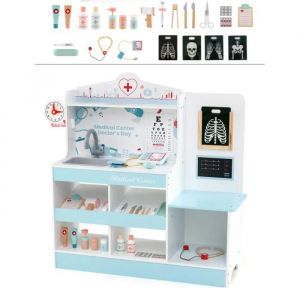 COSTWAY Jouet d'Imitation Docteur - Bois avec 24 kit de M&eacute;decin pour Enfant 3 Ans+ Bleu - Neuf