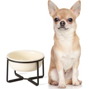 Ceramic Raised Dog Bowl-Dog Bowl With Non-Slip Metal Stand-Small Dog Bowl-High Dog Food Bowl-Food Bowl For Puppies And Cats-400 Ml-Beige - Neuf