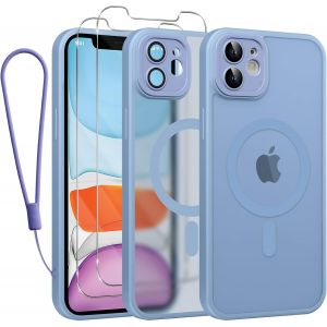 Coque Magnétique Avec Cordon Pour Iphone 11 (6,1"") - 2 Verres Trempés + Protection Caméra - Compatible Magsafe - Coque Fine Translucide Mate Antichoc Bleu Clair - Neuf