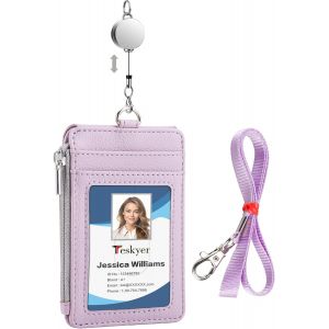 Kalanka-Porte Badge Tour De Cou - Avec Cordon Rétractable, Cuir Pu, 4 Emplacements Pour Cartes, Porte Carte Avec Poche À Glissière, Design Vertical, Violet Clair - Neuf