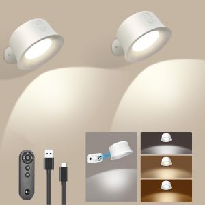 Eryi-Lumières Led Intérieure Led 2 Pièces Avec Télécommande, Lampe Sans Fil Rechargeable Avec Port Usb, 3 Températures D'éclairage, Rotation À 360°, Applique Murale Sans Fil, Blanc - Neuf