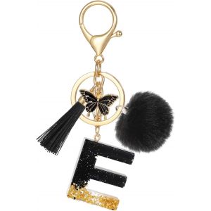 Kal-Porte Clé Lettre Avec Initiale, Porte Clef Alphabet Avec Pendentif Pompon Tassel Papillon Pour Femmes Filles, Charme De Porte Clés En Résine Noir Pour Clé De Voiture Sac À Main Décor - Neuf