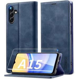 SJZG-Coque Samsung A15 4G/5G Avec Verre Tremp&eacute;, Etui En Cuir Pu Premium, Rfid Protection Portefeuille Housse Pour Samsung Galaxy A15 5G/4G &Eacute;tui, Bleu - Neuf