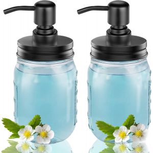 KAL-Mason Jar Lot De 2 Distributeurs De Savon En Verre Transparent 16 Oz Avec Pompe En Acier Inoxydable Et Couvercle Pour Lotion De Savon, Distributeur De Liquide/Lotion Pour Comptoirs Salle Bain Cui - Neuf