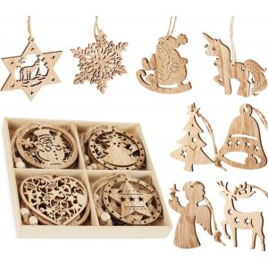 12pcs Décoration De Noël Ornement Suspendu Flocon De Neige Décoration Avec Boîte En Bois - Neuf