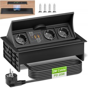 Multiprise Encastrable USB C PD20W, Aluminium Prise Encastrable Plan de Travail avec 15W Chargeur Induction, Bloc Prise Escamotable pour Cuisines Bureaux Salle de R&eacute;union, 1.8M C&acirc;ble, Noir - Neuf