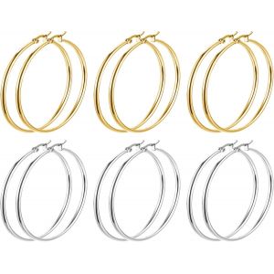 Kal-/5/6 Paires Boucles D'oreilles Femme Acier Inoxydable, Creoles Or Argent Femme, Grandes Creole Cr&eacute;ole Acier Inoxydable, Creoles 20/30/40/50/60/70mm - Neuf