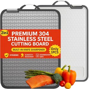 Grande Planche &Agrave; D&eacute;couper En Acier Inoxydable Avec Aiguiseur De Couteaux Int&eacute;gr&eacute; &iquest; Planche &Agrave; D&eacute;couper Double Face Avec Rainure Pour Jus, Paille De Bl&eacute; De Qualit&eacute; Alimentaire Pp, Convient Pour - Neuf