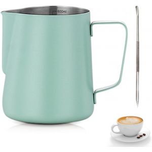 KAL-Pot À Lait En Acier Inoxydable, Pot À Lait En Acier Inoxydable À Main Levée Café Barista Inox Pichet Avec Mesure Mark Et Latte Art Pen Pour Création Cappuccino Espresso (Vert) - Neuf