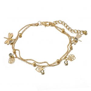 Bracelet De Cheville En Alliage Double Couche Avec Pendentif En Forme De Cour Creux Et Strass Pour Femme - Neuf
