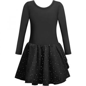 Justaucorps De Ballet Avec Jupe Tutu Fille Manches Longues Noir 120 Cm Tenue Danse Classique Gymnastique Coton Dos Tress&eacute; - Neuf