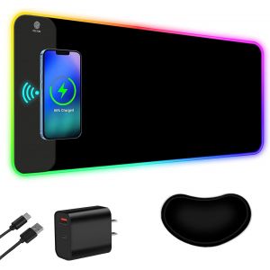 JGD-Tapis de souris de jeu RVB &agrave; chargement sans fil, tapis de souris LED 15 W avec chargeur 30 W, 14 modes d'&eacute;clairage, grand tapis de souris avec support de poignet, base en caoutchouc - Neuf
