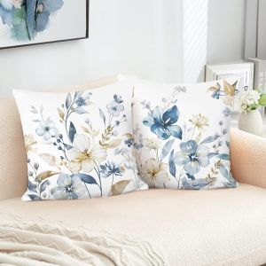 Cauc-Housse De Coussin Fleurs Bleues 45 X 45 Cm Aquarelle Fleurs Feuilles D&eacute;coratif Taie D'oreiller Pour Canap&eacute; Salon Chambre Chaise Jardin Maison D&eacute;coration 2 Pi&egrave;ces - Neuf