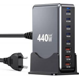 Chargeur Usb C 440w, 8-En-1 Chargeur Rapide Multiple Avec 5 Usbc Et 3 Usba, Station De Charge Gan Iii Et Pd 3.0, Double Pd100w Port Laptop Charger Compatible Avec Macbook Pro/Air/Ipad/Iphone - Neuf