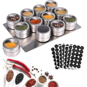 Mevronisshop-12 Bo&icirc;tes &Agrave; &Eacute;pices Magn&eacute;tiques Puissantes - Bo&icirc;tes &Agrave; &Eacute;pices En Acier Inoxydable Avec Couvercle Transparent Avec Tamis Et Verseur, Support Magn&eacute;tique Sur R&eacute;frig&eacute;rateur, 120 &Eacute;tiquettes - Neuf