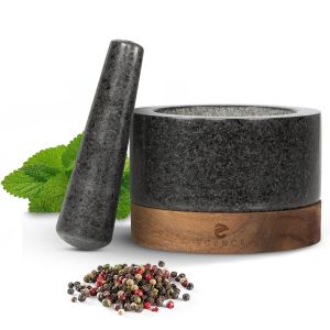 Eryi-Mortier Et Pilon De Cuisine En Bois D'acacia Et Granit - Solide Mortier Pilon Cuisine À Épices Pour Un Broyage Parfait - Grand Mortier Et Pilon Ø11cm - Neuf