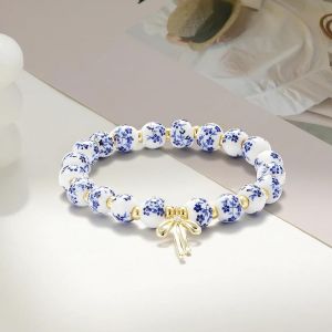 Bracelet &Agrave; Breloques En Perles Et Noeud Pour Femme,Corde &Eacute;lastique Extensible Faite &Agrave; La Main,Breloque En C&eacute;ramique Dor&eacute;e,Motif Floral,Style Cottage,D&eacute;licat,Tendance,Cadeau,Bleu - Neuf