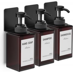KAL-3 Pièces Distributeur De Savon 450Ml, Distributeur De Pompe À Presser Mural Avec 16Pcs Étiquettes No Perçage Pour Cuisine Et Salle De Bain - Brun - Neuf