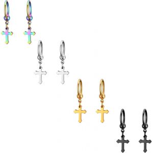 Kal-Boucles D¿Oreilles Pour Homme Femme, Créoles D'oreilles Piercings Couleur Argent Coloré Noir Ronde Pendante Croix Rétro Hip Hop Cadeaux Anniversaire Noël - Neuf