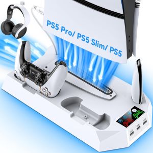 Support PS5 pour PS5/PS5 Slim/PS5 Pro, Station de Refroidissement avec Charge &agrave; Double Manettes, Ventilateur de Refroidissement &agrave; 3 Vitesses avec Casque et 3 Ports USB - Neuf