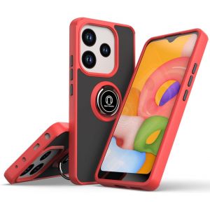 Kal-Coque Pour Xiaomi Redmi Note 14 4g (European 164), Etui Téléphone Antichoc Avec Anneau De Support, Hard Pc Et Tpu Bumper Mat Translucide Case Cover - Rouge - Neuf