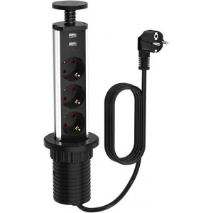 Multiprise Encastrable Bloc Avec 3 Eu Prises 2 Usb Diam&egrave;tre 60Mm C&acirc;ble 1,8M, Prise Escamotable Plan De Travail Pour Cuisine Bureau Chambres Salon (Noir)[DYB980648] - Neuf