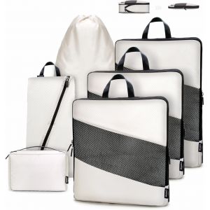 Rangement Val Ultraléger Organisateur Val Compression, Extensible Voyage Packing Cubes Compression Sac Organ Urs De Bagage, Organisateur Val Compressible (Blanc Cassé, 6 Pièces) - Neuf