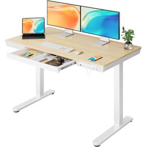 Yemaesre-Bureau Assis Debout Électrique, Bureau Réglable En Hauteur 120 X 60 Cm, Avec Rangement, Tiroir Et 2 Ports De Charge, 3 Mémoires - Neuf