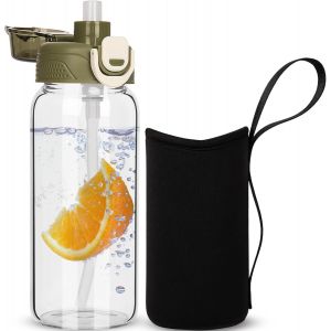 Shiba-0.6l Gourde En Verre Avec Paille, 600ml Bouteille D'eau En Verre Borosilicaté Anti-Fuite Pour Enfants, École[1130] - Neuf