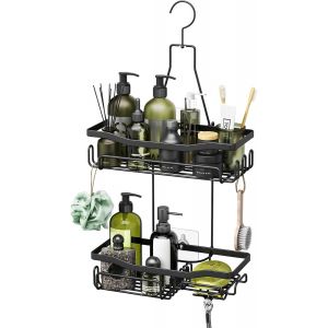 &Eacute;tag&egrave;re de douche &agrave; suspendre en acier inoxydable sans per&ccedil;age, &eacute;tag&egrave;re de douche &agrave; 2 niveaux avec rasoir et porte-savon pour baignoire de bain, serviette, brosse de bain, 3 adh&eacute;sifs &agrave; vis Noir - Neuf