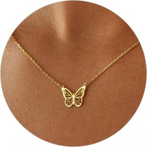 Collier Avec Pendentif Papillon En Or 14 Carats - Chaîne Fine - Collier Papillon Brillant - Bijou Élégant Pour Femme Et Fille - Neuf