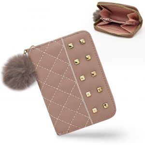 Petit Portefeuille Pour Femme - Petit Portefeuille Tendance Avec Balle En Peluche Et Fermeture &Eacute;clair - Porte-Monnaie Portable Pour Femme Avec Rivets En M&eacute;tal Et Motif Losanges,Kaki,9 X - Neuf