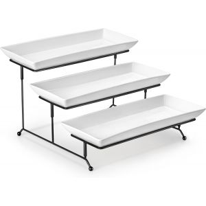 Checarzhn--No1-Plateau De Service À 3 Niveaux Pour Les Fournitures De Fête, 14 Inch Plateaux Repas En Porcelaine Pour La Nourriture, Avec Présentoir Fer Noir Pour Fruits, Biscuits, Desserts, Blanc - Neuf
