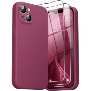 LORANKA-3 en 1 Coque iPhone 14 6.1"" Silicone Liquide - avec 2 Verre Tremp&eacute; - &Eacute;tui Protection Pr&eacute;cise de Cam&eacute;ra [R&eacute;sistant aux Rayures] [Antid&eacute;rapant] pour iPhone 14 2022, Vin Rouge - Neuf