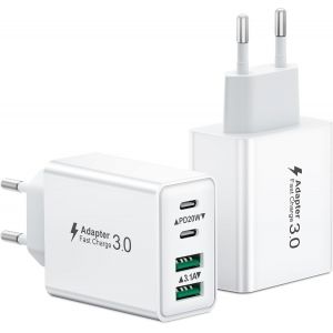 JGD-Chargeur USB C, 40W 4 Port Prise Chargeur Rapide USB C, 2Pack Multiple Secteur Double PD+QC 3.1A Type C Adaptateur pour iPhone 17 16 15 14 13 12 11 Pro Max 8 7 6S Plus Mini SE, iPad, Samsung Gala - Neuf