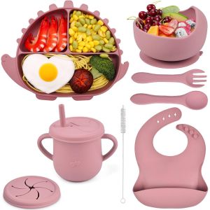 Kal-Set Vaisselle Silicone Avec Ventouse Assiette Bol Cuillère Fourchette Bavoir Tasse Couvercle Couverts Kit,8 Pcs Antiderapant Sans Bpa Coffret Repas Set Pour Bébé Enfant Fille,Rose Dinosaure - Neuf