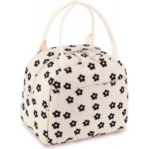 Boîte à déjeuner isolée pour femmes sac à déjeuner en velours côtelé sac à main étanche glacière thermique sac à déjeuner grande capacité (beige pur) - Neuf