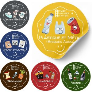 Trahoo-Ø10 Cm- Kit 6 Autocollants Poubelle De Tri Selectif Français|Vinyle Adhésif| Stikers Pour Poubelle Recyclage | Etiquettes Bac Tri Selectif | Colorés,Éducatifs Pour Enfants (Ø10cm-Français) - Neuf