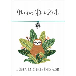 Kal-Carte Paresseuse &laquo; Prends Du Temps &raquo; Avec Bracelet Au Choix En Turquoise Et Pendentif Tr&egrave;fle Argent&eacute;, Bracelet Textile &Eacute;lastique En Turque, Taille R&eacute;glable, Carte Postale Avec - Neuf