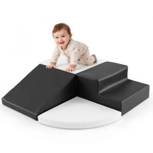 4 PCS Bloc de Construction pour Enfant COSTWAY-Mousse EPE-Housse en PU Imperm&eacute;able Amovible-Grimper Ramper-Noir+Blanc - Neuf